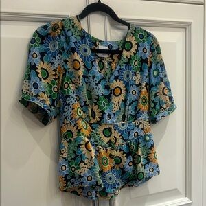 CAbi Floral V-Neck Blouse - Blue, Green, Yellow